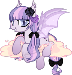 Size: 4231x4396 | Tagged: safe, artist:kojibiose, oc, oc only, oc:lavender rose, species:bat pony, species:pony, bat pony oc, cloud, female, flower, flower in hair, lying on a cloud, mare, on a cloud, prone, simple background, solo, transparent background, vector
