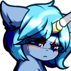 Size: 500x500 | Tagged: safe, alternate version, artist:silver fox, oc, oc only, oc:rainbowglimmer, species:pony, species:unicorn, broken horn, bust, crying, eye clipping through hair, glowing horn, horn, solo