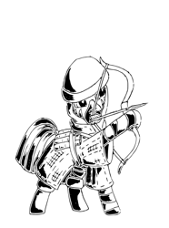 Size: 477x642 | Tagged: safe, artist:smt5015, species:zebra, archer, arrow, black and white, boots, bow, grayscale, helmet, monochrome, shoes, simple background, solo, white background