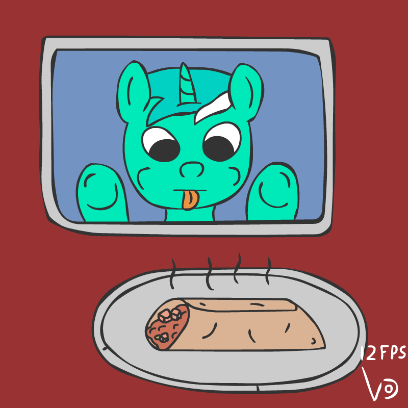 Size: 800x800 | Tagged: safe, artist:vohd, character:lyra heartstrings, species:pony, species:unicorn, animated, burrito, female, food, frame by frame, microwave, simple background, solo, tongue out, underhoof, you spin me right round