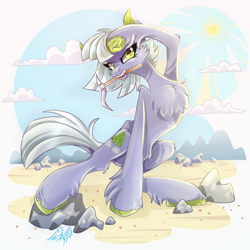 Size: 2000x2000 | Tagged: safe, artist:alexbluebird, character:limestone pie, species:earth pony, species:pony, chest fluff, colored hooves, female, frog (hoof), mare, mouth hold, pickaxe, rock farm, signature, solo, sun, underhoof, unshorn fetlocks