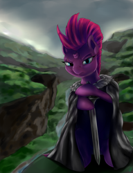 Size: 1533x2000 | Tagged: safe, artist:com3tfire, character:tempest shadow, species:pony, species:unicorn, my little pony: the movie (2017), bipedal, broken horn, cloak, clothing, eddard stark, game of thrones, horn, parody, sword, weapon, winter is coming
