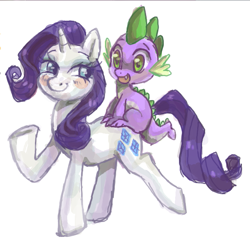 Size: 725x693 | Tagged: safe, artist:kunaike, character:rarity, character:spike, species:dragon, species:pony, species:unicorn, ship:sparity, dragons riding ponies, female, male, mare, raised hoof, riding, shipping, simple background, smiling, straight, white background