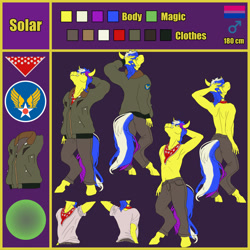 Size: 1280x1280 | Tagged: safe, artist:lase-x, artist:sertine, oc, oc only, oc:solarmod, species:anthro, species:unguligrade anthro, armpits, bisexual pride flag, bomber jacket, clothing, jacket, pride, pride flag, reference sheet, solo