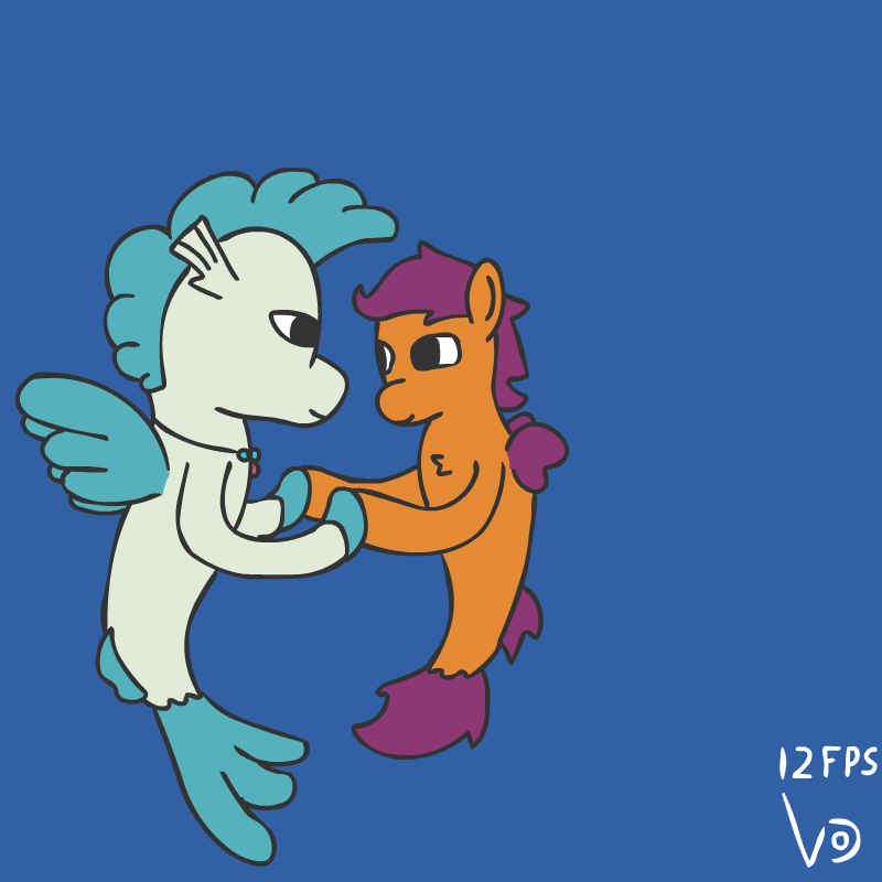 Size: 800x800 | Tagged: safe, artist:vohd, character:scootaloo, character:terramar, species:pony, species:seapony (g4), ship:terraloo, animated, bubble, dancing, female, frame by frame, male, shipping, simple background, straight, underwater