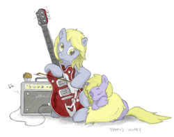 Size: 887x700 | Tagged: safe, artist:onkelscrut, character:derpy hooves, character:dinky hooves, species:pegasus, species:pony, species:unicorn, amplifier, bow (instrument), cello bow, duo, duo female, equestria's best mother, female, filly, guitar, mare, muffin, sitting