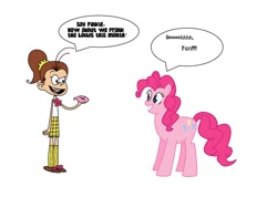 Size: 1032x774 | Tagged: safe, artist:theawesomeguy98201, character:pinkie pie, species:human, species:pony, crossover, luan loud, simple background, smiling, text bubbles, the loud house, white background, whoopee cushion