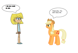 Size: 1756x1204 | Tagged: safe, artist:theawesomeguy98201, character:applejack, species:earth pony, species:human, species:pony, crossover, female, lori loud, mare, misspelling, simple background, text bubbles, the loud house, white background