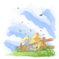 Size: 900x904 | Tagged: safe, artist:onkelscrut, character:applejack, character:derpy hooves, species:bird, species:earth pony, species:pegasus, species:pony, bag, duo, eyes closed, female, fence, happy, leaves, mail, mare, smiling, wind, windswept mane