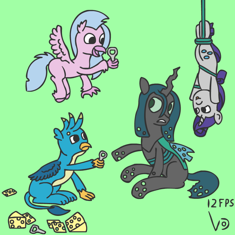 Size: 800x800 | Tagged: safe, artist:vohd, character:gallus, character:queen chrysalis, character:rarity, character:silverstream, species:changeling, species:classical hippogriff, species:griffon, species:hippogriff, species:pony, species:unicorn, angry, animated, changeling queen, cheese, female, flying, food, frame by frame, queen swissalis, simple background, sitting, teasing, tied up, tools