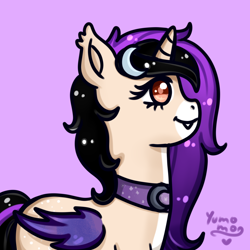 Size: 1400x1400 | Tagged: safe, artist:yumomochan, oc, species:bat pony, species:pony, species:unicorn, artfight, colored sketch, female, halfbody, mare, original character do not steal, simple background, sketch, violet background