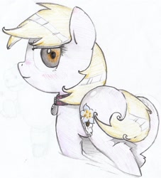 Size: 2320x2560 | Tagged: safe, artist:foxtrot3, oc, oc only, oc:sandy, species:earth pony, species:pony, blushing, collar, dog collar, female, looking at you, looking back, looking back at you, mare, paleontologist, pet tag, skull, solo