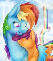 Size: 833x960 | Tagged: safe, artist:eternalsubscriber, character:rainbow dash, character:scootaloo, species:pegasus, species:pony, cloud, duo, hug, rainbow, scootalove, sisterly love, winghug