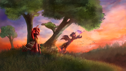 Size: 4609x2593 | Tagged: safe, artist:stdeadra, oc, oc only, oc:red flux, species:alicorn, species:changeling, species:pony, butterfly, changeling queen, changeling queen oc, commission, female, forest, original species, red changeling, scenery, sky, sunset, tree