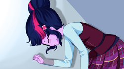 Size: 1600x900 | Tagged: safe, artist:electricshine, character:twilight sparkle, character:twilight sparkle (scitwi), species:eqg human, series:within the shadows, equestria girls:friendship games, g4, my little pony: equestria girls, my little pony:equestria girls, clothing, crystal prep academy uniform, fainted, female, lying on the floor, school uniform, solo