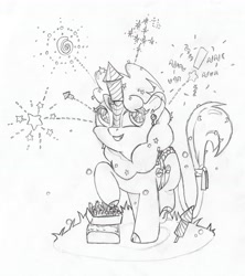 Size: 3936x4427 | Tagged: safe, artist:foxtrot3, oc, oc only, oc:party favor, species:kirin, 4th of july, fireworks, holiday, kirin oc, pencil drawing, smiling, solo, traditional art