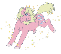 Size: 780x700 | Tagged: safe, artist:guidomista, artist:miiistaaa, artist:nijimillions, character:shady, species:earth pony, species:pony, g1, my little pony tales, blonde, blonde hair, blonde mane, dull, female, fullbody, g1.5, grainy, hooves, jumping, looking back, mare, muted color, pink, realistic horse legs, simple background, smiling, solo, stars, transparent background