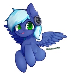 Size: 872x916 | Tagged: safe, artist:occultusion, oc, oc:moonlight drop, species:pegasus, species:pony, blue coat, blue mane, cute, green eyes, headphones, simple background, solo, tongue out, white background, wings