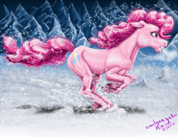 Size: 3300x2550 | Tagged: safe, artist:amalgamzaku, character:pinkie pie, species:earth pony, species:pony, breath, cutie mark, female, floppy ears, forest, mare, messy mane, open mouth, profile, running, snow, solo