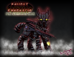 Size: 2786x2153 | Tagged: safe, artist:amalgamzaku, oc, oc only, species:earth pony, species:pony, fallout equestria, abstract background, armor, fallout equestria: resistance, fanfic, fanfic art, fanfic cover, glowing eyes, gun, hooves, looking at you, power armor, solo, steel ranger, weapon