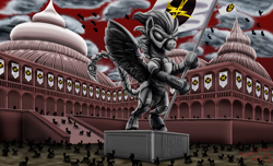 Size: 3143x1908 | Tagged: safe, artist:amalgamzaku, species:pegasus, species:pony, fallout equestria, architecture, armor, augmented tail, banner, building, capitol, commission, dome, enclave, fanfic art, flag, grand pegasus enclave, helmet, hoof hold, lore, nazi symbolism, power armor, spread wings, statue, wings, worldbuilding
