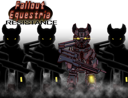 Size: 2786x2153 | Tagged: safe, artist:amalgamzaku, oc, oc only, species:earth pony, species:pony, fallout equestria, abstract background, armor, commission, fallout equestria: resistance, fanfic, fanfic art, glowing eyes, gun, hooves, looking at you, power armor, silhouette, steel ranger, weapon