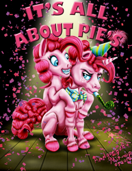 Size: 2153x2786 | Tagged: safe, artist:amalgamzaku, character:pinkie pie, species:earth pony, species:pony, species:unicorn, bow tie, bubble berry, clothing, fanfic, fanfic art, fanfic cover, female, freckles, grammar error, hat, male, mare, party hat, party whistle, r63 paradox, rule 63, sitting, smiling, stallion, unamused