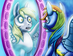 Size: 2786x2153 | Tagged: safe, artist:amalgamzaku, character:derpy hooves, character:rainbow dash, species:pegasus, species:pony, clothing, commission, duality, female, looking at each other, mare, mirror, shocked, spread wings, uniform, wings, wonderbolts uniform
