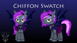 Size: 6830x3840 | Tagged: safe, artist:legendaryspider, oc, oc:chiffon swatch, species:bat pony, species:pony, bat pony oc, bat wings, beautiful, broken hearts, buttons, choker, clothing, commission, cute, ear piercing, ear tufts, earring, eyes half closed, eyeshadow, female, fishnets, goth, goth pony, gothic, hairpin, jewelry, makeup, mane, necklace, pendant, piercing, pleated skirt, reference sheet, schoolgirl, show accurate, skirt, smiling, socks, stockings, studs, tail, thigh highs, trans female, transgender, vest, watermark, wings