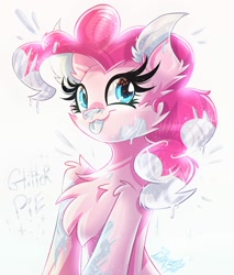 Size: 1700x2000 | Tagged: safe, artist:alexbluebird, character:pinkie pie, species:pony, chest fluff, cute, female, glitter, happy, solo, tongue out