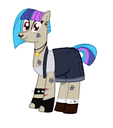Size: 573x647 | Tagged: safe, artist:theawesomeguy98201, oc, oc only, oc:scavy, species:earth pony, species:pony, boots, clothing, denim, dirt, ear piercing, earring, female, fingerless gloves, gloves, jewelry, mare, multicolored hair, necklace, nose piercing, nose ring, overalls, piercing, scar, scratching, shoes, shorts, simple background, socks, solo, spiked wristband, tank top, torn clothes, white background, white socks, wristband
