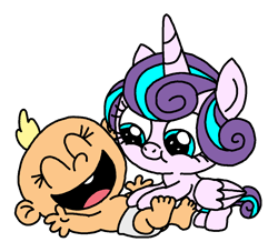 Size: 1100x1000 | Tagged: safe, artist:blackrhinoranger, character:princess flurry heart, baby, crossover, cuddly, cute, dawwww, eyes closed, flurrybetes, infant, laughing, lily loud, the loud house, tickling, weapons-grade cute