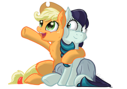 Size: 2953x2067 | Tagged: safe, artist:razya, character:applejack, character:coloratura, species:earth pony, species:pony, applejack's hat, cheek fluff, cheek squish, cheeks, chest fluff, clothing, colored, cowboy hat, cute, everywhere meme pony edition, hat, hooves, hug, mane, pointing, simple background, sitting, sitting up, squishy cheeks, tail, tail wrap, transparent background