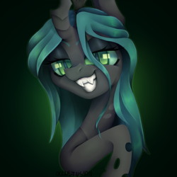 Size: 1102x1102 | Tagged: safe, artist:occultusion, character:queen chrysalis, species:changeling, bust, changeling queen, female, grin, lidded eyes, portrait, raised eyebrows, signature, simple background, smiling, solo