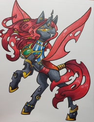 Size: 2941x3817 | Tagged: safe, artist:ghostlymuse, oc, oc:paprika, species:changeling, species:pony, changeling oc, fangs, marker drawing, multiple eyes, multiple horns, red changeling, solo, traditional art