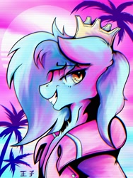 Size: 1536x2048 | Tagged: safe, artist:chaosmauser, oc, oc only, oc:prince whateverer, species:pegasus, species:pony, 1980's, 80s, aesthetics, beach, bust, crown, jewelry, musician, profile, regalia, scan lines, smiling, solo, summer, vaporwave