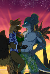 Size: 2864x4245 | Tagged: safe, artist:mantarwolf, oc, oc only, oc:island breeze, oc:rogue wave, species:anthro, species:pegasus, species:pony, anthro oc, clothing, commission, couple, female, grin, hand on chest, islandwaves, looking at you, male, mare, oc x oc, original species, palm tree, partial nudity, shark pony, shipping, smiling, stallion, sunset, swimming trunks, swimsuit, tiger shark pony, topless, tree