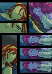 Size: 1450x2048 | Tagged: safe, artist:ku_rimo, character:pinkie pie, character:sunset shimmer, comic:good night, ship:sunsetpie, my little pony:equestria girls, arm warmers, bed, blushing, comic, cute, diapinkes, eyes closed, female, lesbian, pillow, right to left, shimmerbetes, shipping, sleeveless, smiling