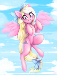 Size: 2478x3248 | Tagged: safe, artist:igazella, oc, oc only, oc:bay breeze, species:pegasus, species:pony, blushing, bow, cute, female, flying, hair bow, looking at you, mare, ocbetes, sky, tail bow, tongue out