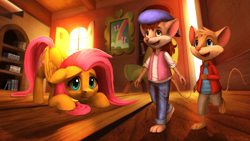 Size: 1920x1080 | Tagged: safe, artist:robsa990, character:fluttershy, species:pegasus, species:pony, bridgid (character), clothing, crossover, cute, eckhart, eckhart (character), female, floppy ears, fluttershy's cottage (interior), folded wings, indoors, looking at something, looking down, mare, mouse, shyabetes, trio, wings
