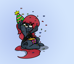 Size: 1045x903 | Tagged: safe, artist:n-o-n, oc, oc:jessi-ka, birthday, birthday gift, chibi, clothing, confetti, give her the dick, happy, hat, party hat