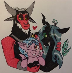 Size: 2141x2175 | Tagged: safe, artist:raritylover152, character:cozy glow, character:lord tirek, character:queen chrysalis, species:centaur, species:changeling, species:pegasus, species:pony, ship:chrysirek, a better ending for chrysalis, a better ending for cozy, a better ending for tirek, blushing, bow, bracer, changeling queen, cozybetes, cozylove, crown, curly mane, cute, cutealis, daddy tirek, family, fangs, female, filly, foal, hair bow, heart, jewelry, legion of doom, male, mare, mommy chrissy, nose piercing, nose ring, one eye closed, piercing, regalia, shipping, simple background, smiling, straight, tirebetes, traditional art, white background, wink