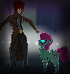 Size: 5700x6000 | Tagged: safe, artist:crimsonsky, oc, oc:glitter frock, species:human, species:pony, clothing, duo, duster, fanfic art, female, glasses, jacket, male, mare, smiling