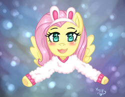 Size: 1800x1400 | Tagged: safe, artist:yumomochan, character:fluttershy, species:pegasus, species:pony, abstract background, animal costume, blushing, bunny costume, clothing, costume, digital art, female, flying, lightning, mare, smiley face, solo