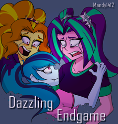 Size: 1264x1325 | Tagged: safe, artist:mandy1412, character:adagio dazzle, character:aria blaze, character:sonata dusk, my little pony:equestria girls, avengers: endgame, clothing, crying, death, disintegration, female, shirt, smiling, the dazzlings