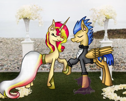 Size: 680x545 | Tagged: safe, artist:commandereclipse, character:flash sentry, character:sunset shimmer, species:pony, ship:flashimmer, bride, clothing, dress, female, groom, male, marriage, shipping, straight, suit, tuxedo, wedding, wedding dress