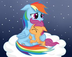 Size: 1280x1024 | Tagged: safe, artist:robsa990, character:rainbow dash, character:scootaloo, species:pegasus, species:pony, cloud, female, hug, on a cloud, scootalove, siblings, sisters, stars