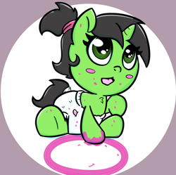 Size: 1028x1024 | Tagged: safe, artist:lazynore, oc, oc only, oc:filly anon, species:pony, species:unicorn, babby, baby, baby pony, blush sticker, blushing, chest fluff, circle, cute, diaper, female, filly, hnnng, ocbetes, paint, ponytail, solo