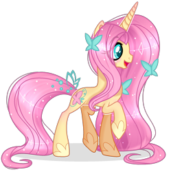 Size: 1689x1693 | Tagged: safe, artist:angellightyt, character:fluttershy, species:pony, species:unicorn, g5 leak, butterfly, female, fluttershy (g5), long hair, mare, one hoof raised, simple background, solo, transparent background, unicorn fluttershy