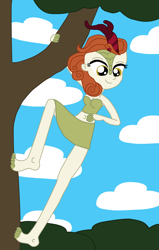 Size: 1484x2328 | Tagged: safe, artist:equestriaguy637, character:autumn blaze, species:kirin, my little pony:equestria girls, barefoot, belly, belly button, branches, climbing, clothing, cloud, equestria girls-ified, feet, female, hanging, looking down, midriff, skirt, sky, smiling, solo, stick, tree, tube top